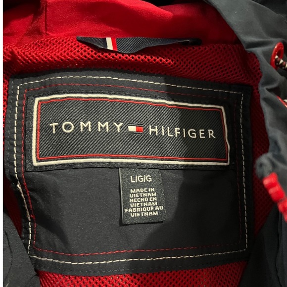 NWT Tommy Hilfiger Womens Navy Blue Hooded Windbreaker Jacket Red Trim Size L - Picture 6 of 7